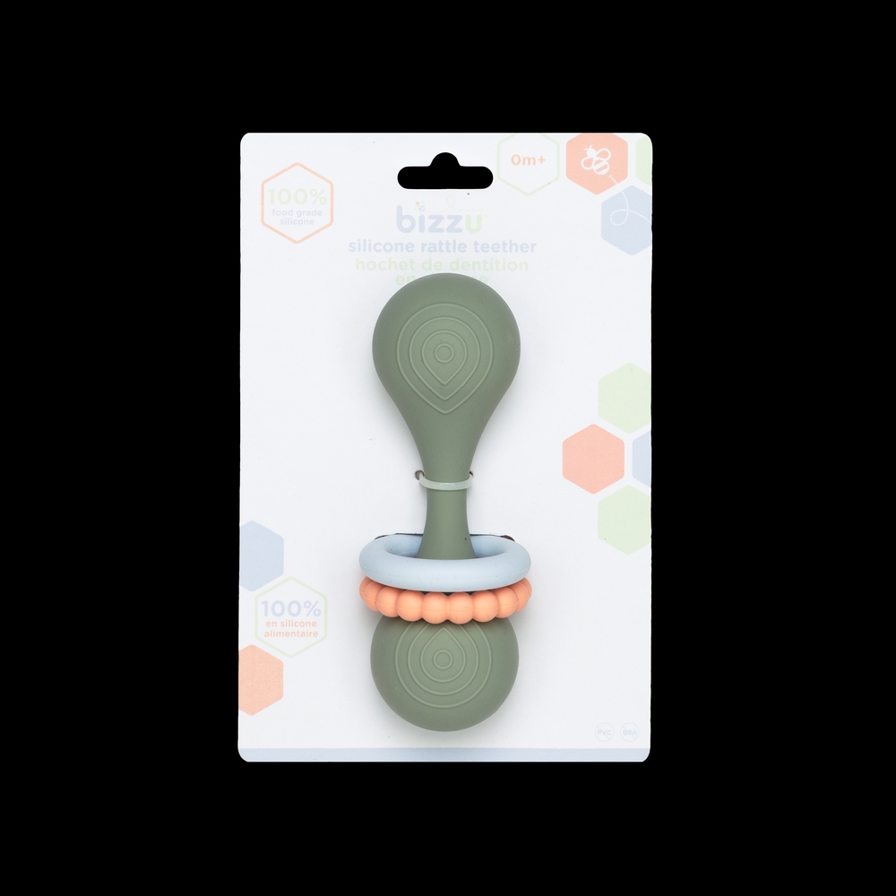 Bizzu Silicone Rattle Teether in Green and Peach